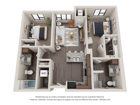 Floor plan for 2 beds, 2 baths, 967 sqft